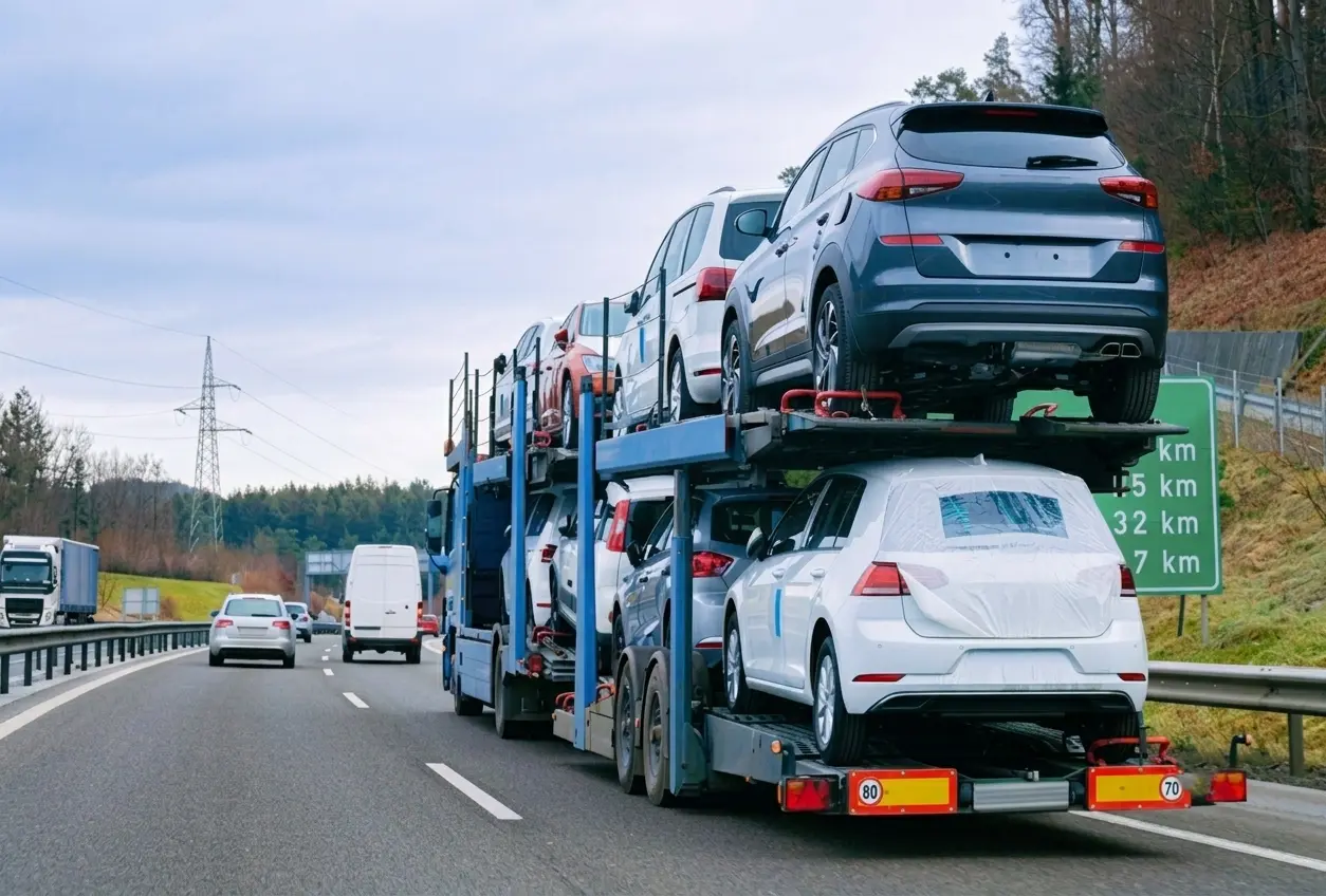 Camión portavehículos entregando un coche por España